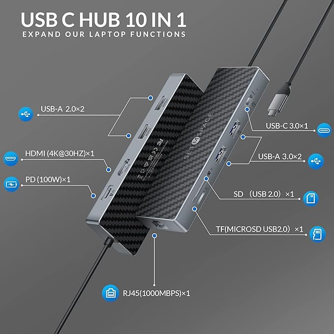 USB C Docking Station Laptop Docking Station 10 in 1 with Ethernet 1000M USB C Hub HDMI PD 100W TF/SD Reader USB C 3.0 4 USB A for MacBook Pro/Air Surface iPad Cable Length: 7.87in