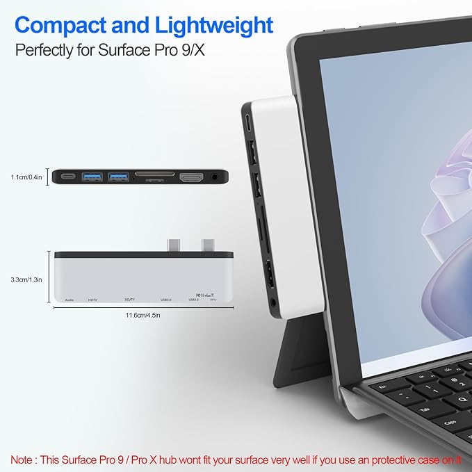 USB Hub Docking Station for Surface Pro 9/10/11/X with 4K HDMI USB-C Thunderbolt 4 (Display+Data+100W PD) 2 USB 3.0 3.5mm Audio SD/TF Card Reader