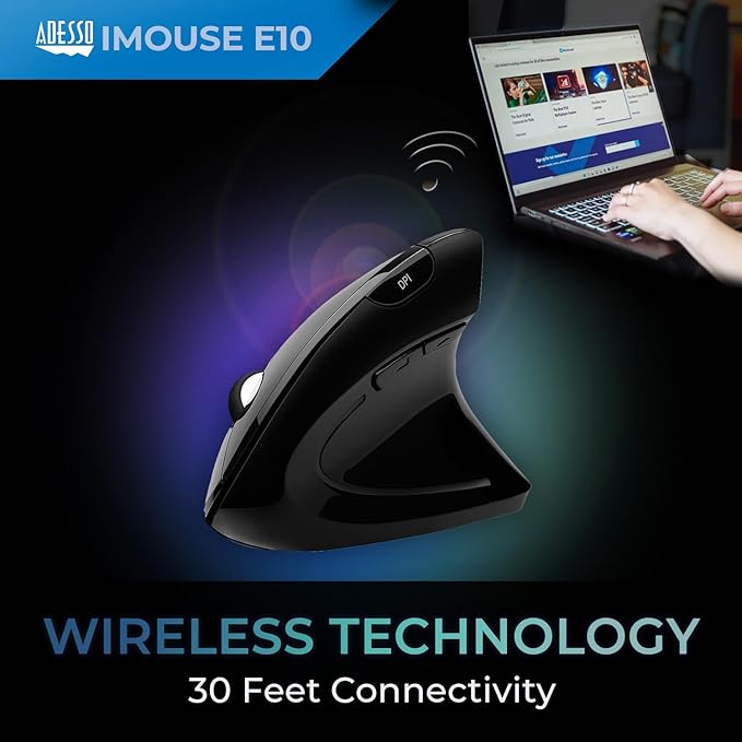 Adesso iMouse E10 - Vertical Ergonomic Optical 6-Button 2.4 GHz RF Wireless Mouse - Right Hand Orientation Black