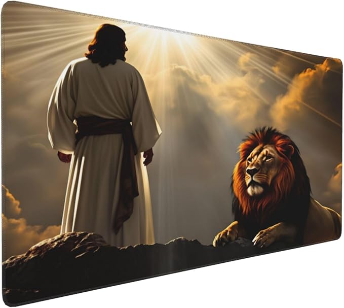 XXL Gaming Mouse Pad Extended (35.5X16) Lion Christianity Large Non-Slip Desk Mat Water-Resistant Keyboard Mousepad for Office &amp Home