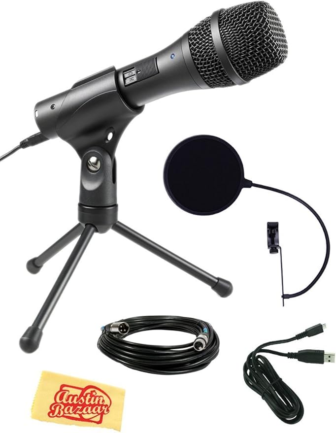 Audio-Technica AT2005USB Cardioid Dynamic USB/XLR Microphone Bundle with Pop Filter XLR Cable USB Cable and Austin Bazaar Polishing Cloth Black