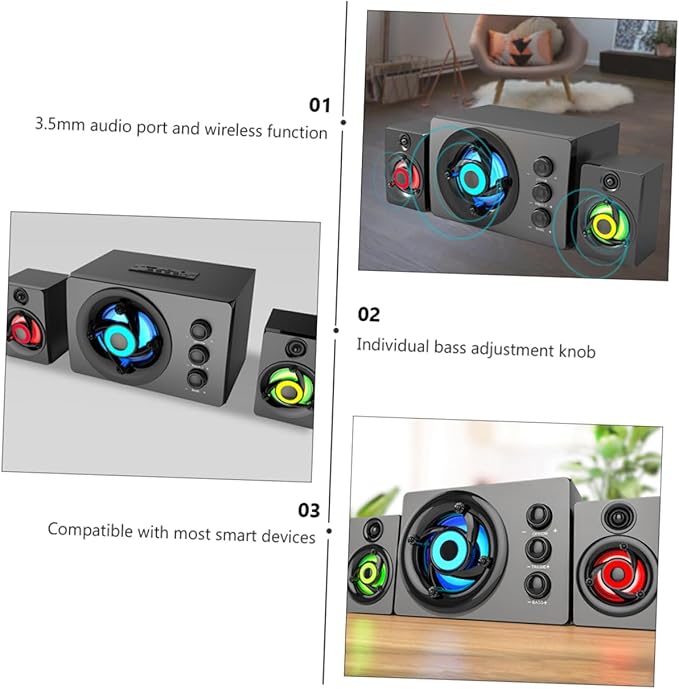 1Set Wooden Multimedia Subwoofer Speaker System Powered Desktop Loudspeaker Box for Laptop and Sound Enhancement