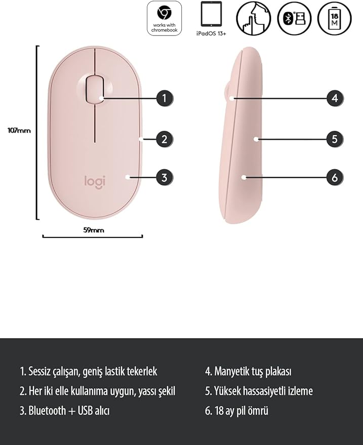 Logitech Pebble Wireless Mouse with Bluetooth or 2.4 GHz Receiver Silent Slim Computer Mouse with Quiet Clicks for Laptop/Notebook/iPad/PC/Mac/Chromebook - Rose/Pink