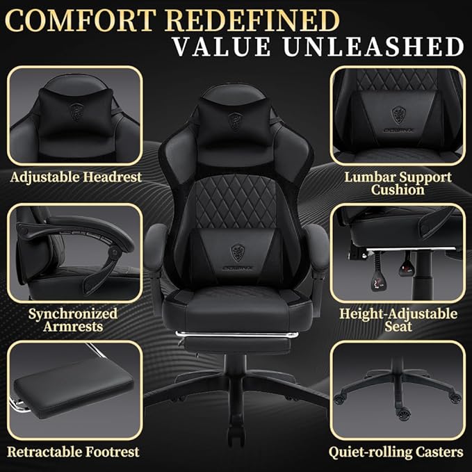 Dowinx 665TE0A Gaming Chair with Pocket Spring Cushion Ergonomic Computer Chair with Massage Lumbar and Footrest for Adults High Back Game Chair Leather for Office Gaming 300LBS