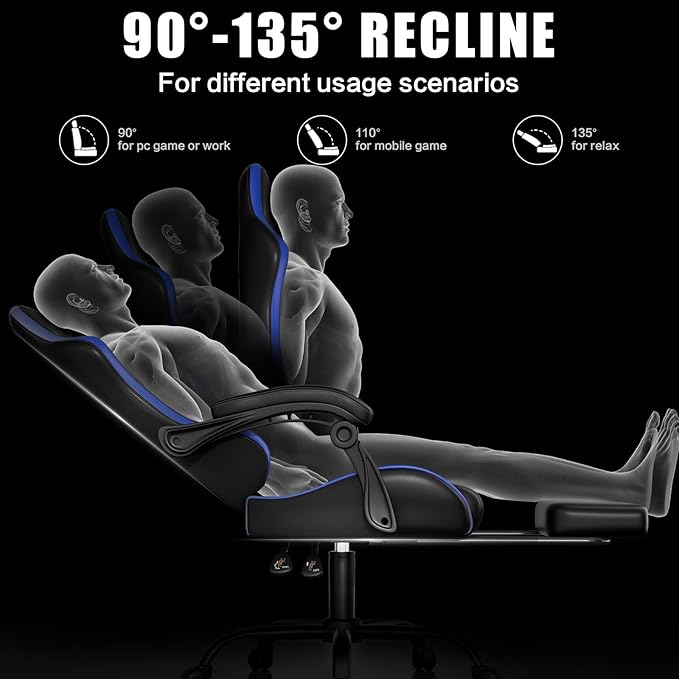 Gaming Chair with Footrest Racing Style Lumbar Support Massager Video Game Chair with Metal Legs High Back Gamer Chair with Headrest 360° Swivel Office Computer Desk Chair Bright Blue