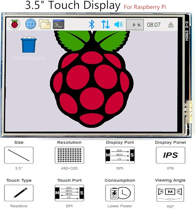 Waveshare 3.5 Resistive Touch Screen IPS LCD 480x320 XPT2046 Controller Compatible with Raspberry Pi 5/4B/3B+/3B/2B/A+/B+/Zero W/Zero 2W
