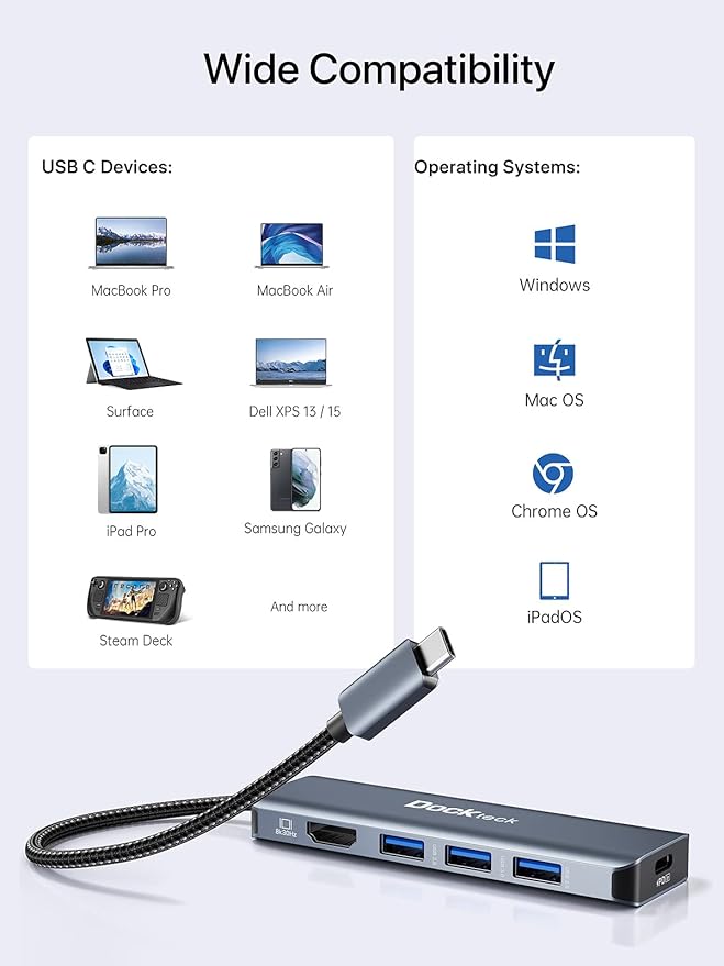 Dockteck 5-in-1 USB-C Multiport Adapter 8K HDMI 100W PD 3 x USB 3.0 for Steam Deck MacBook Pro/Air M1 iPad Pro/Air Surface Pro 7/8/X