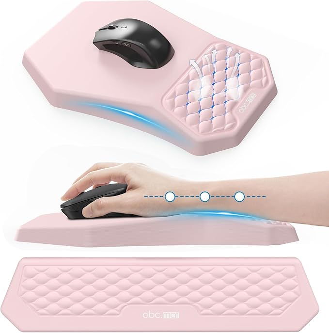 Ergonomic Mouse Pad and Keyboard Wrist Rest Support Set Massage Design Mousepad for Carpal Tunnel Pain Relief Memory Foam Non-Slip PU Base for Computer Desk Pink