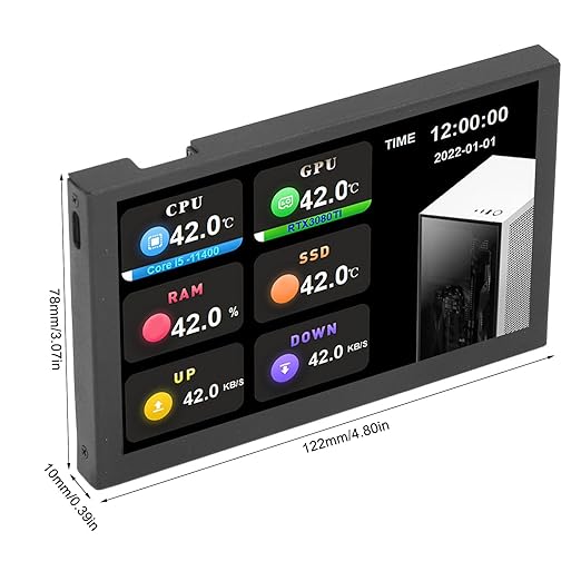 Hilitand 5 Inch USB Mini Screen Type C Sub Screen Computer Temperature Monitor with 800x480 Resolution PC Data Monitor for aida64 (Black)