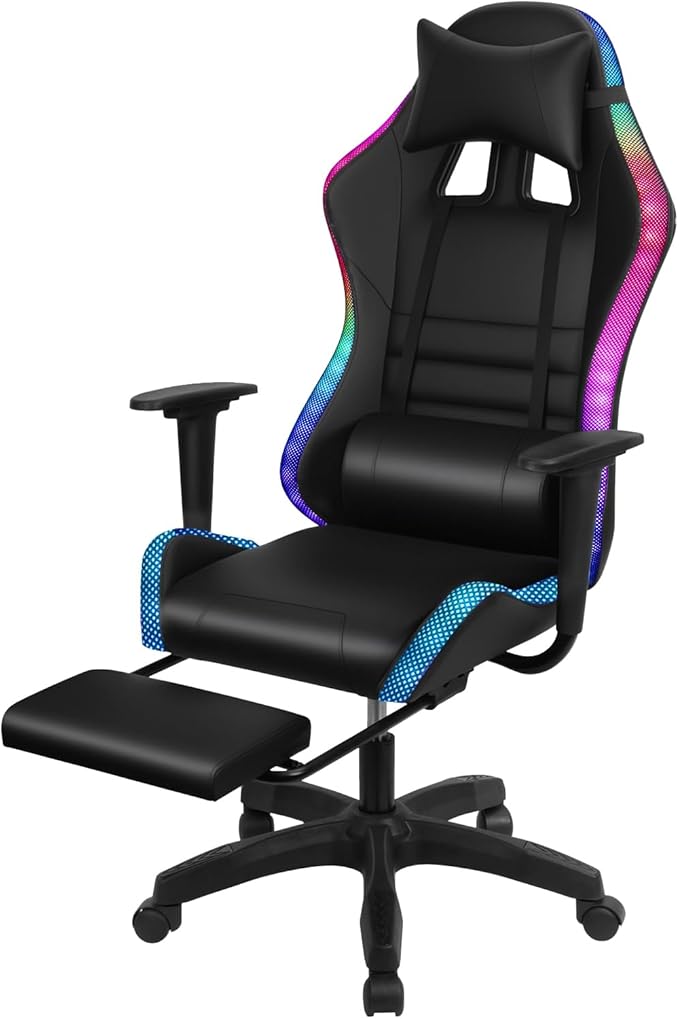 YOXIER Gaming ChairsGaming Desk Chair with Retractable Footrest350lbs Load Capacity Ergonomic Gaming ChairGaming Computer Chair with Two Bluetooth Speakers Multiple LED Light Modes Game Chair for