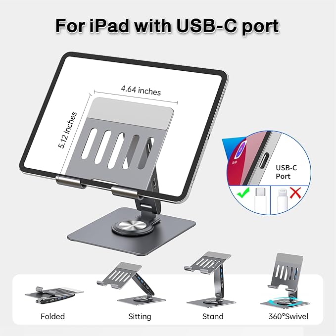 Adjustable Tablet Stand with USBC Hub 7-in-1 Aluminum Tablet Holder with Docking Station 360° Swivel Base 4K HDMI 100W PD Charging USB 3.0 SD/TF Reader 3.5mm Audio for iPad with USB-C Port