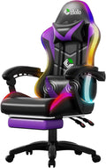 Gaming Chair RGB LED Lights Computer Chair with Footrest Lumbar Support Massager Gamer Chair High Back 90-135° Reclining Linkage Armrests Purple
