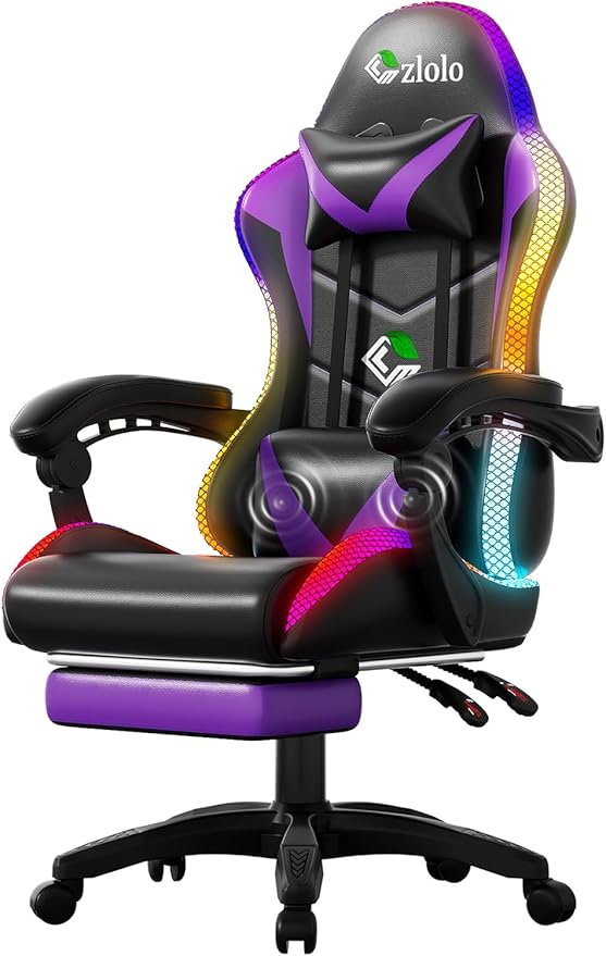 Gaming Chair RGB LED Lights Computer Chair with Footrest Lumbar Support Massager Gamer Chair High Back 90-135° Reclining Linkage Armrests Purple