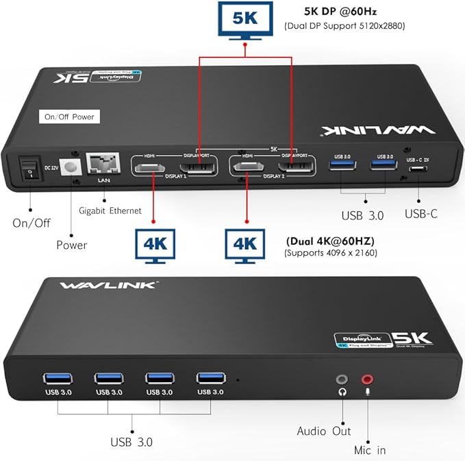 DisplayLink Universal Docking StationWAVLINK 15-in-1 USB C Ultra 5K Dual 4K HD Multiple Display Dock with 2xHDMI/DPGigabit Ethernet6xUSB 3.0Type CAudioMicfor New MacBook NeoWindowsMac