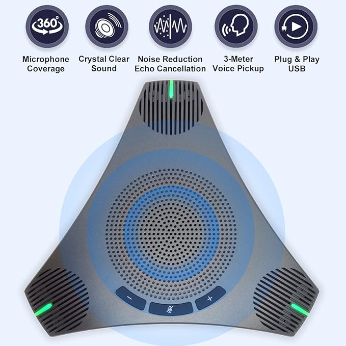 Conference Speaker and Microphone 360° Omnidirectional USB Speakerphone Microphone with USB Hub Noise Reduction/Echo Cancellation Computer Microphone for 8-10 People Business Conference Home Office