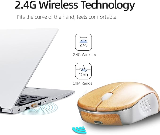 Icemouse Wireless Bamboo Mouse – Rechargeable Silent Optical Mouse 4 DPI USB Receiver Eco-Friendly for Laptop &amp PC