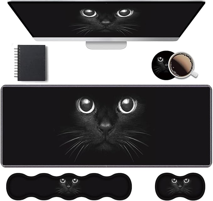 Ergonomic Keyboard Wrist Rest &amp Mouse Pad Wrist Rest Set Large XXL Gaming Desk Mat 31.5x 11.8 with Memory Foam Easy Typing Pain Relief for Office &amp Home Cute Black Cat Face