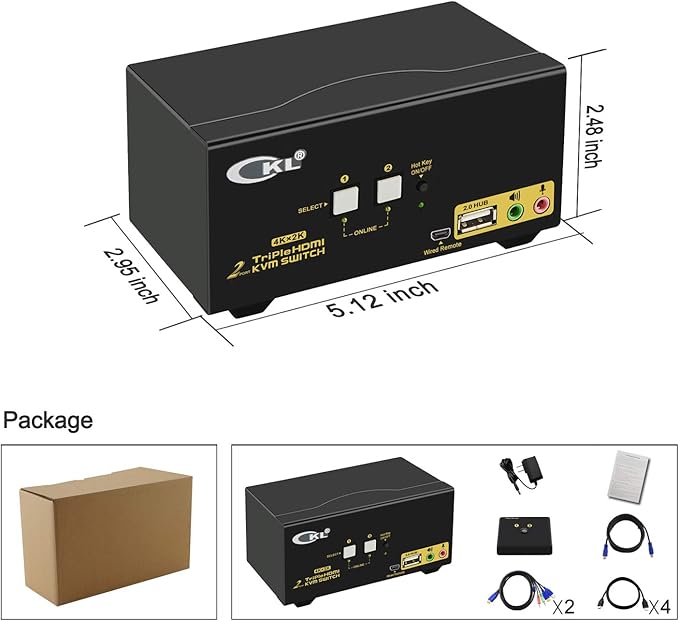 CKL Triple Monitor HDMI KVM Switch 2 Port with Audio and USB 2.0 HUB PC Monitor Keyboard Mouse Switcher Box Mirrored or Extended Display 4K@30Hz for Computers and Laptops CKL-923HUA