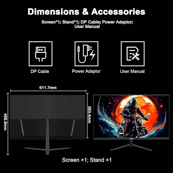 27 Inch QHD 2560 x 1440 Gaming Monitor 180Hz 1ms Fast IPS Computer Screen DP 1.4 x2 HDMI 2.0 x2 VESA Mount 130% sRGB HDR Eye Care Metal Stand DP Cable