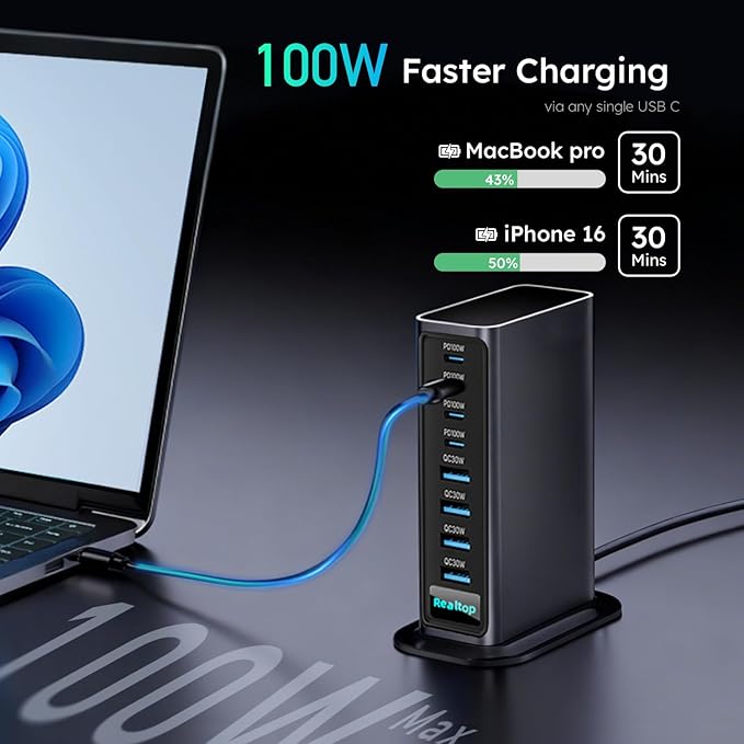520W USB C Charging Station 8-Port GaN Fast Type C Charger Block Wall Charger Multiport Desktop Power Hub for MacBook Pro MacBook Air iPhone 16/15 iPad Samsung