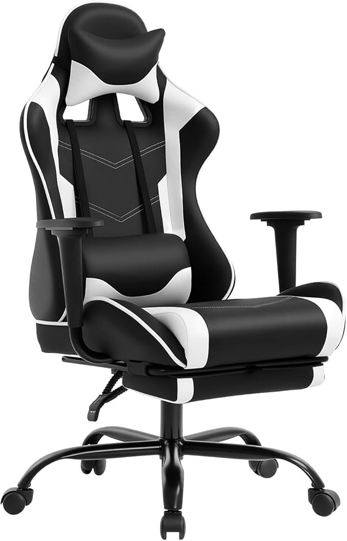 BestOffice | Ergonomic Gaming Chair | White | Reclining Computer Chair with Lumbar Support Headrest Pillow Adjustable Footrests | 360 Swivel with Heavy Duty Wheels | for Home &amp Office
