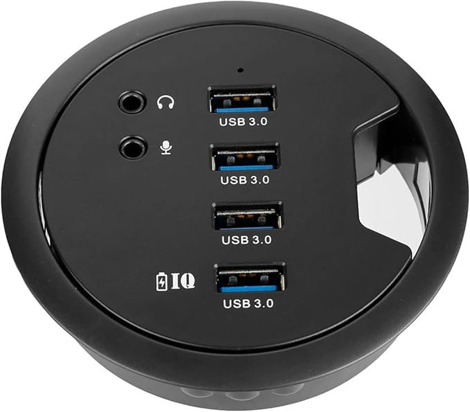 WDX Desk-Fit (Diameter 3.14 or 80MM) 4 Port USB 3.0 Hub with 3.5mm Audio Mic Phone Jack/BC 1.2 USB Charger 5V/2A Power Adapter for iPhone/Smart Phones(usb3.0 4 Port)(AC Power Supply Included)