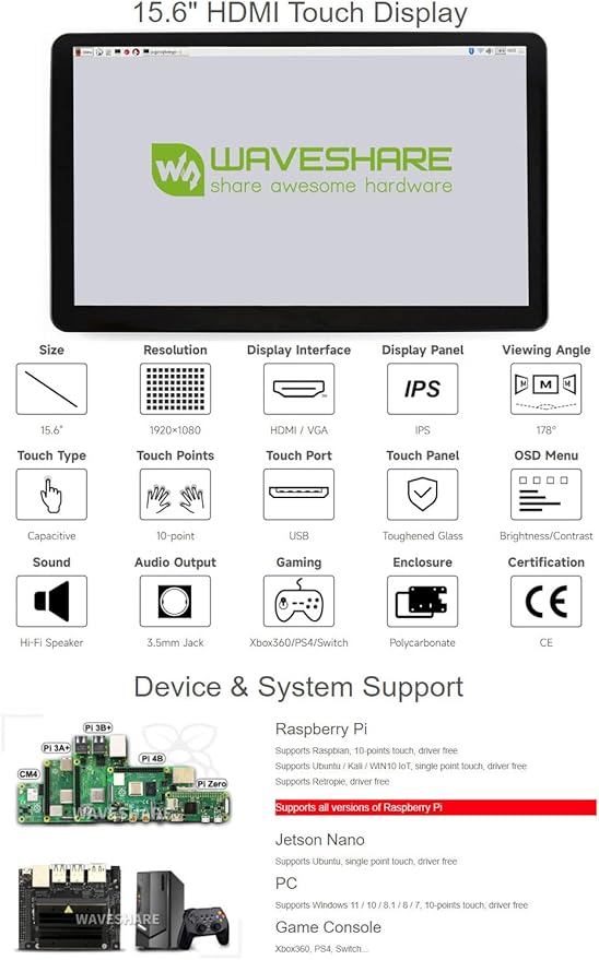 waveshare 15.6inch Capacitive Touch Screen LCD with Case Compatible with Raspberry Pi4B/3B+/3A+/2B/B+/A+/Zero/Zero W/WH/Zero 2W CM3+/4 1920×1080 Resolution HDMI IPS Supports Jetson Nano/Windows