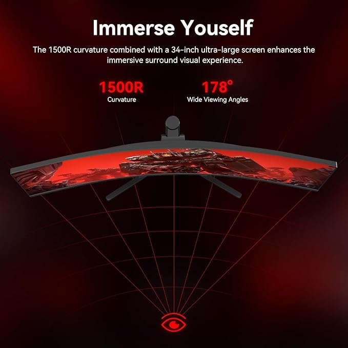 34 Inch Curved Gaming Computer Monitor with 180Hz Refresh Rate WQHD 3440x1440 127% sRGB FreeSync1500R Curvature &amp 178° Viewing Angle Height Adjustable Base for Gaming Business
