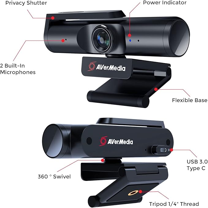 AVerMedia PW513 Live Streamer CAM Light 4K Ultra HD USB Webcam with Rechargeable Mini RGB Light for Gaming and Live Streaming Works with OBS Streamlabs Zoom Teams and Skype