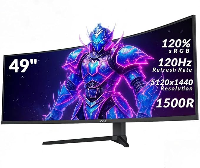 ZZA 49 Curved Gaming Monitor | 49 Inch Screen 5120x1440 Dual QHD 120Hz 1500R 32:9 Ultra-Wide AMD FreeSync 120% sRGB Height Adjustable HDMI 2.1 &amp DisplayPort VESA Mount