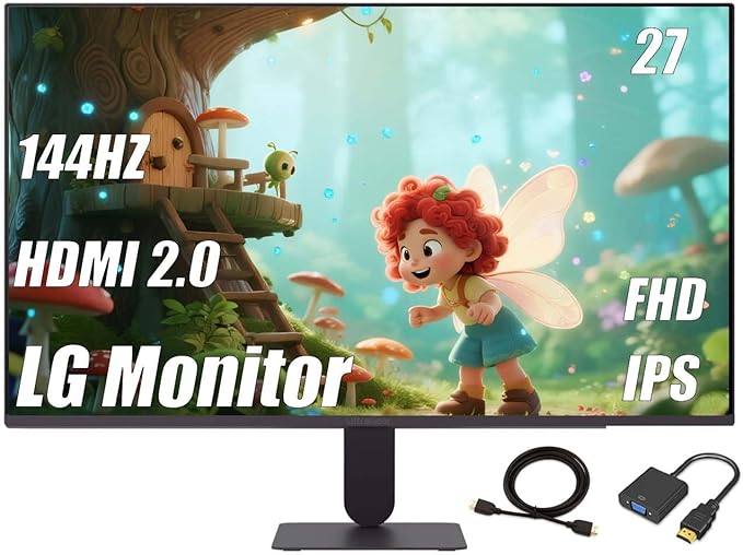 LG Ultra Smooth 27 Gaming Monitor 144Hz Overclock AMD FreeSync &amp G-Sync Compatible 1ms Response IPS Panel with Crosshair and Black Stabilizer with HDMI and HDMI to VGA Cable