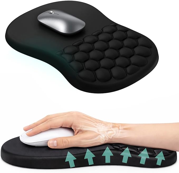 Ergonomic Mouse Pad with Wrist Support &amp Massage Design – Memory Foam Cushion Non-Slip PU Base – Carpal Tunnel Pain Relief for Wireless Mouse &amp Desk Use – 12x8 Inch (Black)
