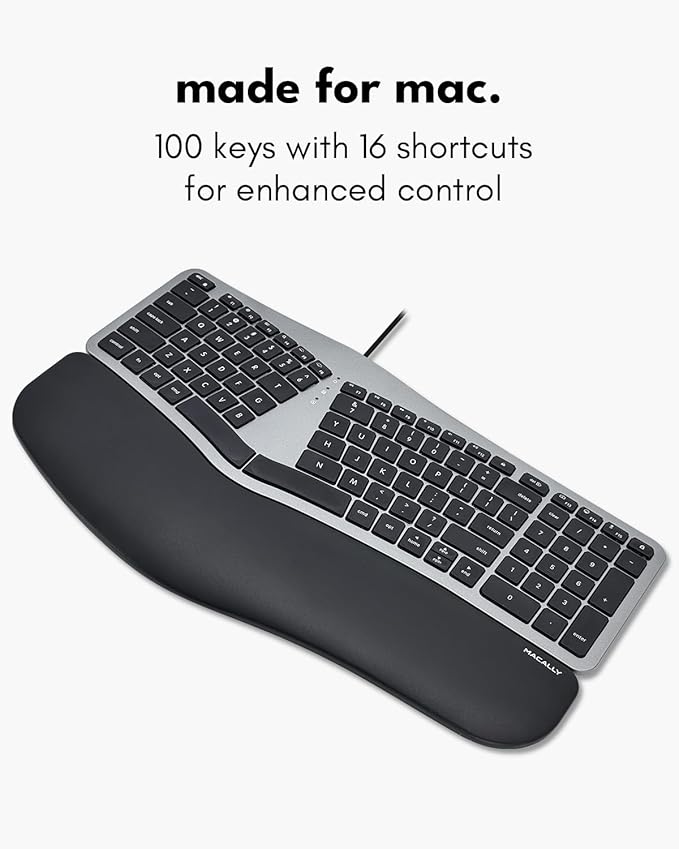 Macally Wired Ergonomic Keyboard for Mac - USB Hub Backlit Keys Dual USB C + A Plug Split Design Padded Wrist Cushion - Compatible Apple Keyboard for MacBook Pro/Air iMac iPad - Space Gray
