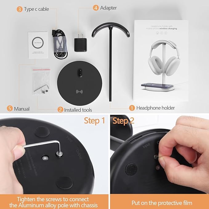 Miroddi Headphone Stand with Wireless Charger Independent USB Charging Port 5 in 1 Charging Station Headset Holder Rack for AirPods Max/Pro/4/3/2 iWatch iPhone Samsung and Desk Headphones Black