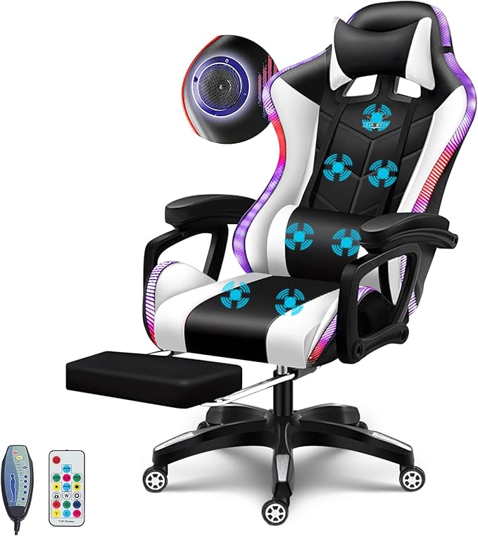 Big and Tall Gaming Chair with Footrest Ergonomic Massage Office Chairs LED Video Game Chair with Speakers Comfortable Headrest Lumbar Support High Back Desk Chair PU Leather for AdultsWhite