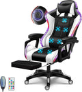 Big and Tall Gaming Chair with Footrest Ergonomic Massage Office Chairs LED Video Game Chair with Speakers Comfortable Headrest Lumbar Support High Back Desk Chair PU Leather for AdultsWhite