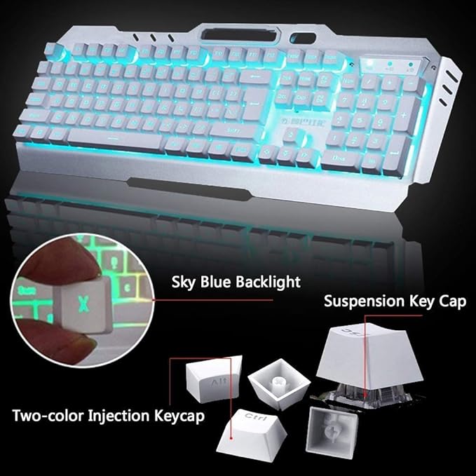 Wireless Keyboard and Mouse Blue LED Backlit Rechargeable Keyboard with 3800mAh Battery Metal Panel Removable Hand Rest Mechanical Feel 7 Color Gaming Mute Mouse for PC Gamers