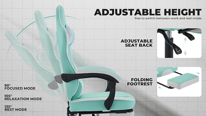 Gaming Chair with Adjustable Height &amp Headrest 300lb Ergonomic Swivel Chair with Massage Lumbar Support &amp Footrest for Adults (Green+Leather)