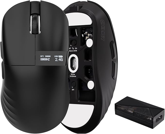 Chilkey Wireless Mouse Glacier LW 8K M Gaming Mouse with OLED Screen 8K Polling Rate 30000 DPI Optical Tracking 750 IPS Bluetooth 5.2/2.4G/USB-C 49g Super Lightweight 100 Million Clicks