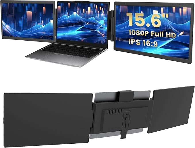 Azeyou 15.6 Triple Laptop Screen Extender 15.6” FHD 1080P IPS Laptop Screen Extender with Build-in Stand/Dual Speakers HDMI/USB-A/Type-C Plug for 14”-17” Laptops (Mac Wins Android)