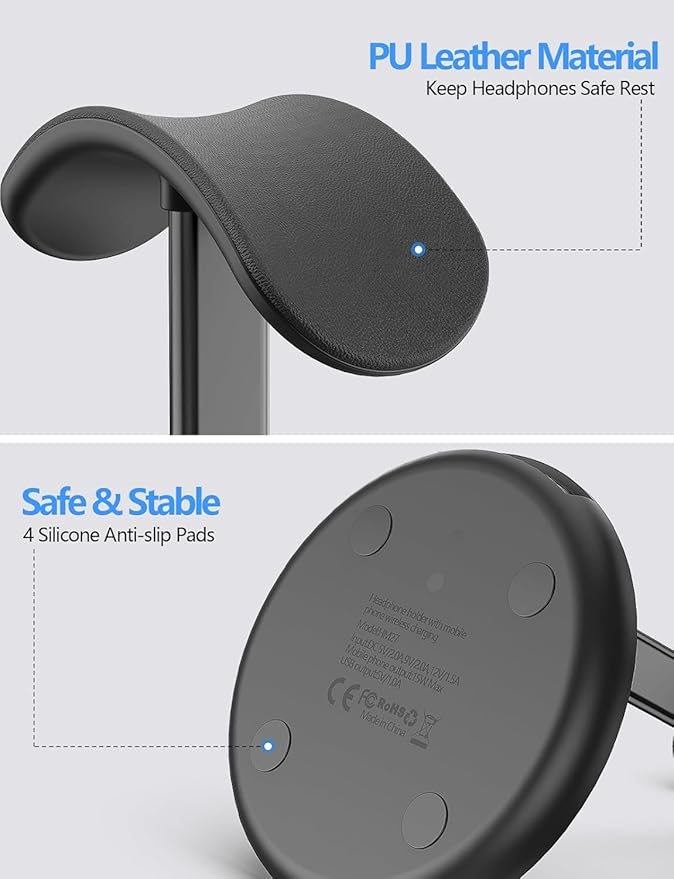 Miroddi Headphone Stand with Wireless Charger Independent USB Charging Port 5 in 1 Charging Station Headset Holder Rack for AirPods Max/Pro/4/3/2 iWatch iPhone Samsung and Desk Headphones Black