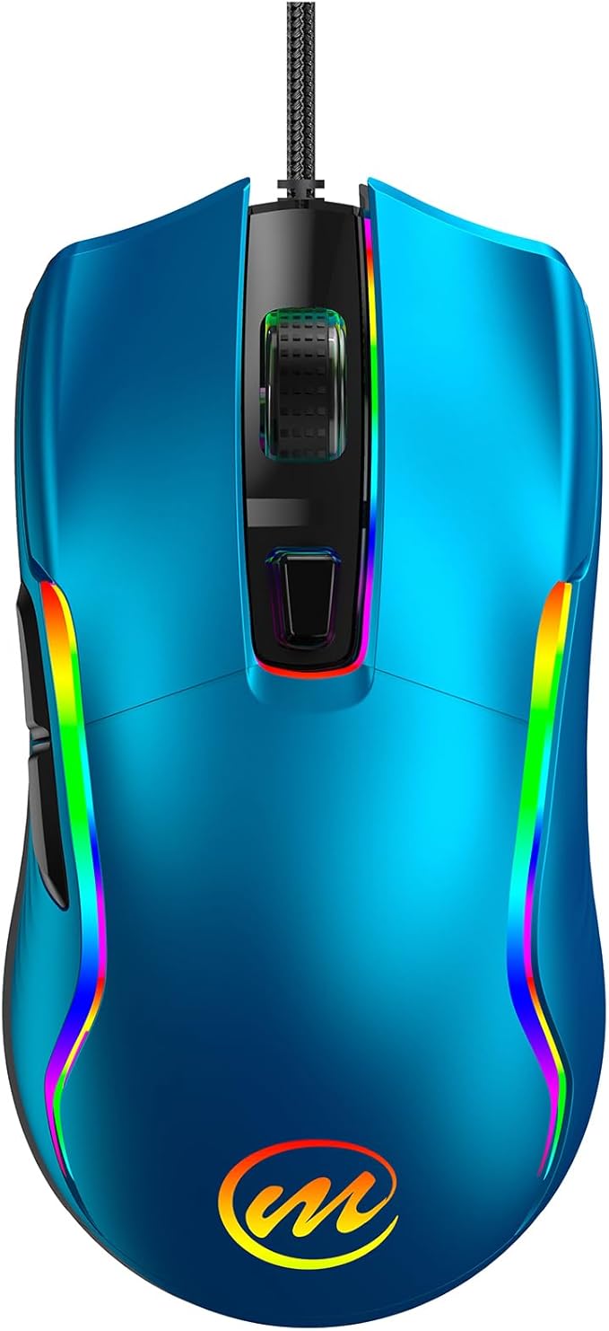 memzuoix Wired Gaming Mouse with RGB - 6 Adjustable DPI up to 12800 6 Buttons 12 Lighting Modes Ergonomic Design with Anti-Slip Rubber Wheel 5.6ft Braided Cable for PC/Mac/Windows - Blue
