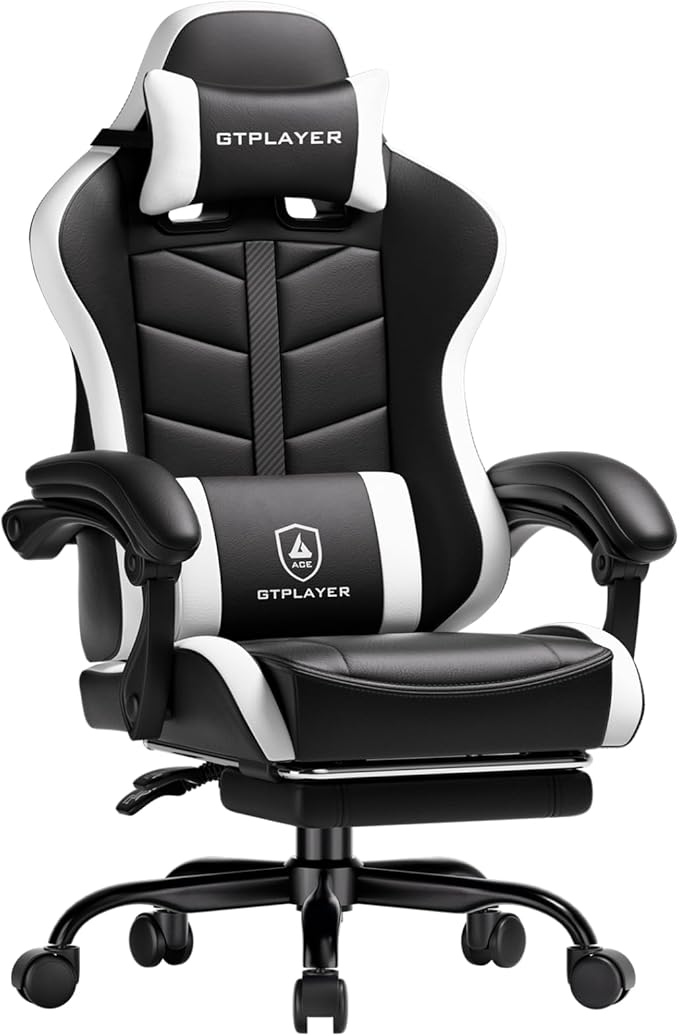 GTPLAYER Gaming Chair Computer Gaming Chairs for Adults with Footrest Height Adjustable PC Game Chair with 90-155° Recline &amp Removable Headrest Lumbar Support Black-White