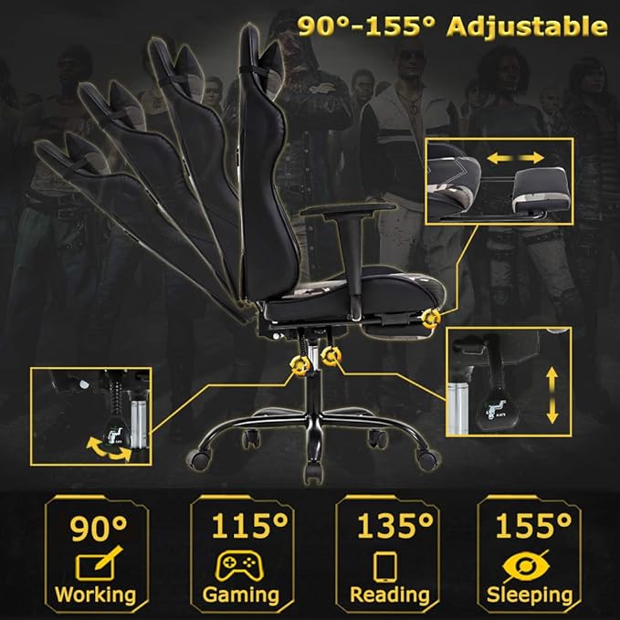 BestOffice | Ergonomic Gaming Chair | Camo | Reclining Computer Chair with Lumbar Support Headrest Pillow Adjustable Footrests | 360 Swivel with Heavy Duty Wheels | for Home &amp Office
