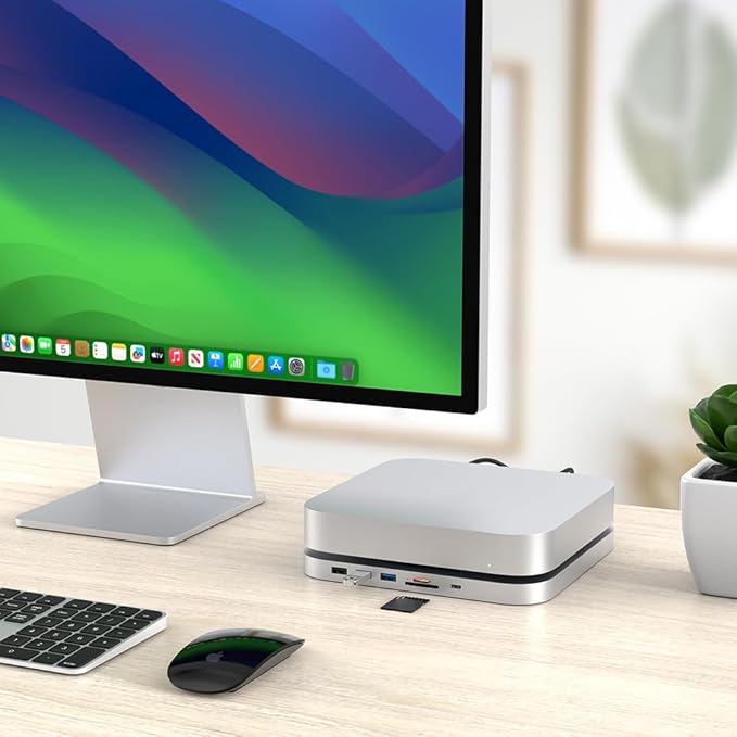 Qwiizlab Mac mini Hub with NVMe Enclosure Docking Stastion for Mac mini M2/M1 Mac Studio M4/M/3/M2/M1Type-C 10Gbps Card Readers 104MB/s HDMI 4K Fits M.2 SATA PCIe NVMe SSD (Silver)