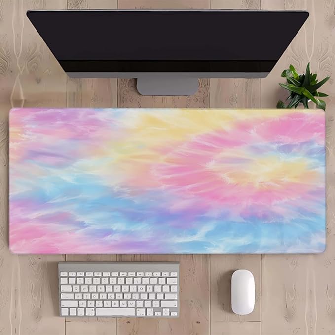 Large Tie Dye Beautiful Rainbow Mouse Mat Computer Mousepad with Non-Slip Rubber Base Waterproof Mouse Pad Desktop Keyboard Pad for GamerHome School Laptop Office Accessories16x35.5in