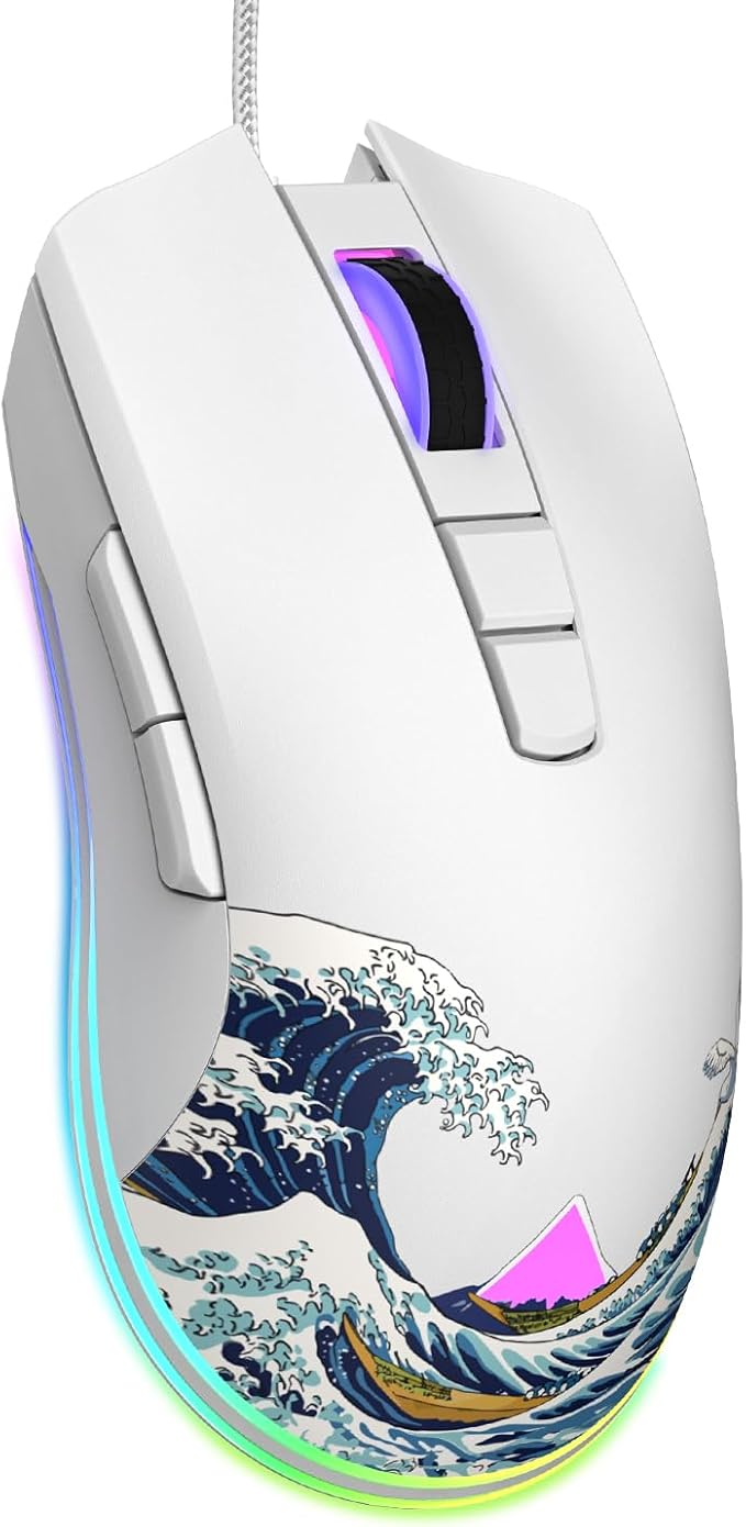COSTOM Womier G705 USB Wired Gaming Mouse for PC Computer Windows Mac Laptop Lightweight Silent RGB Backlit Mouse with Adjustable 12000DPI/7 Programmable Side ButtonsWhite Kanagawa Theme