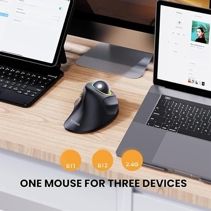 JOMAA Wireless Bluetooth Computer Trackball Mouse with RGB BacklightFinger Control 3 Device Switch Silent Rechargeable Ergonomic Drawing Office Mouse for Laptop Desktop Computer Tablet Phone
