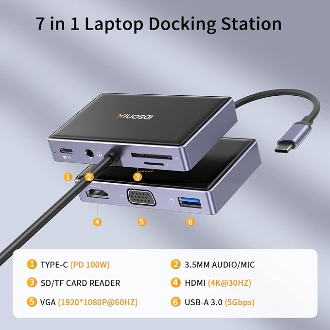 USB C to HDMI VGA Adapter 7 in 1 USB C Hub MultiPort Adapter with 4K HDMI/VGA 100W PD USB-A 3.0 Audio/Mic SD/TF for Dell/HP/Lenovo/MacBook Pro Laptop