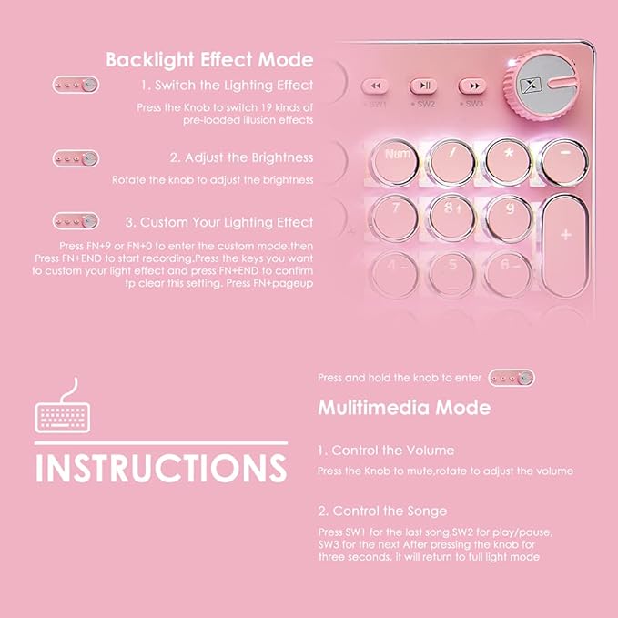 Pink Typewriter Keyboard and MouseRetro Vintage Mechanical Gaming Keyboard with White LED Backlit104 Keys Anti-Ghosting Blue Switch Wired Cute KeyboardRound Keycaps for Desktop PC/Laptop Mac